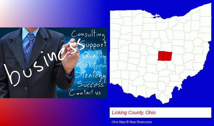typical business services and concepts; Licking County, Ohio highlighted in red on a map