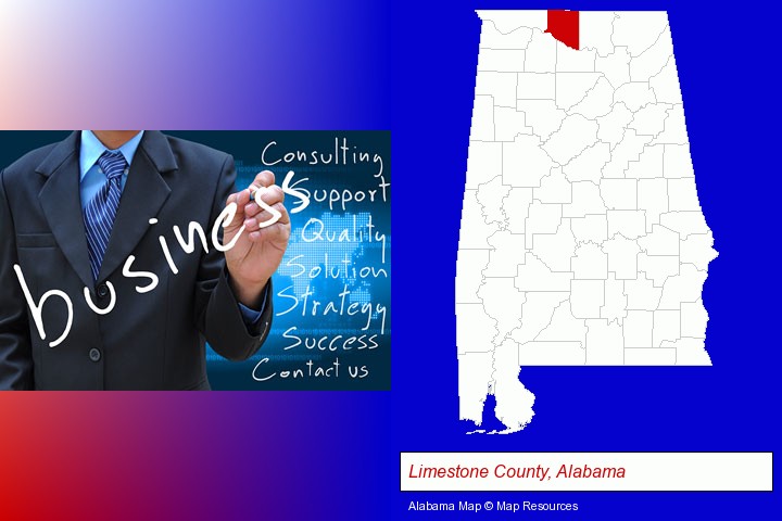 typical business services and concepts; Limestone County, Alabama highlighted in red on a map