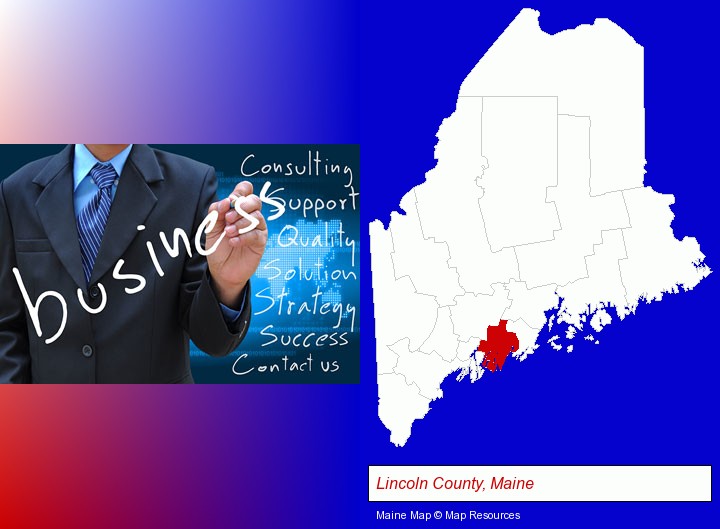 typical business services and concepts; Lincoln County, Maine highlighted in red on a map