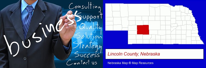 typical business services and concepts; Lincoln County, Nebraska highlighted in red on a map