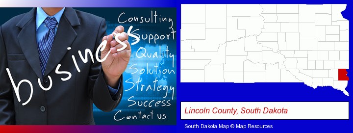 typical business services and concepts; Lincoln County, South Dakota highlighted in red on a map