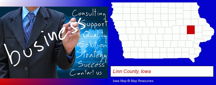 typical business services and concepts; Linn County, Iowa highlighted in red on a map