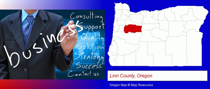 typical business services and concepts; Linn County, Oregon highlighted in red on a map