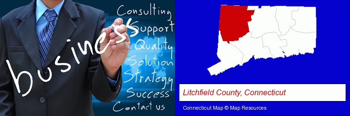 typical business services and concepts; Litchfield County, Connecticut highlighted in red on a map