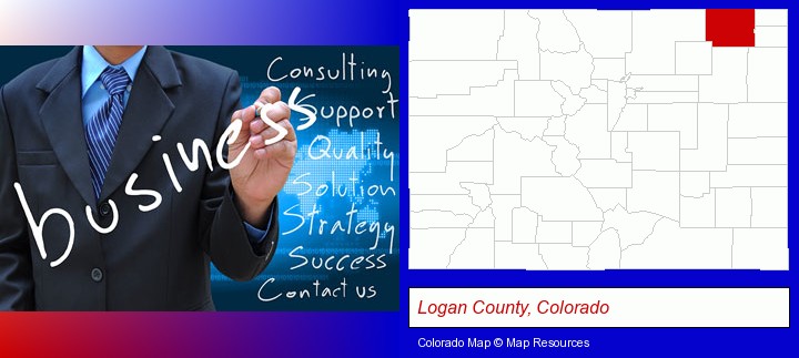 typical business services and concepts; Logan County, Colorado highlighted in red on a map