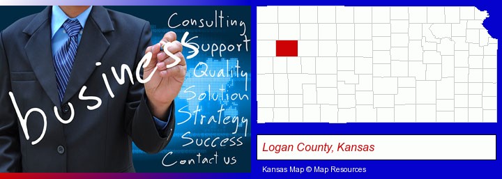 typical business services and concepts; Logan County, Kansas highlighted in red on a map