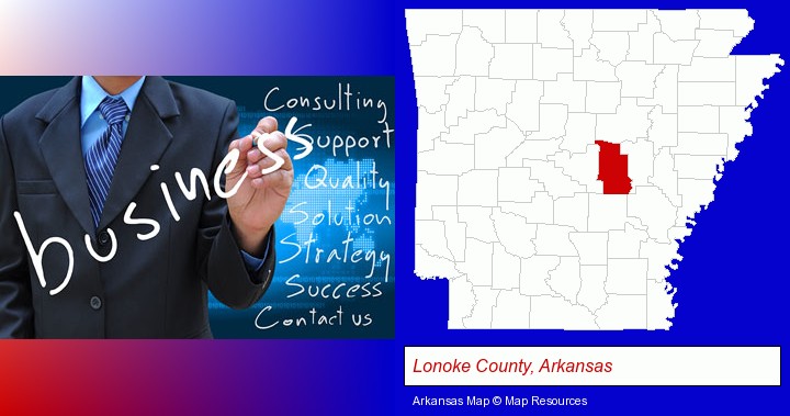 typical business services and concepts; Lonoke County, Arkansas highlighted in red on a map