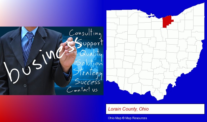 typical business services and concepts; Lorain County, Ohio highlighted in red on a map