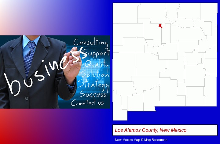 typical business services and concepts; Los Alamos County, New Mexico highlighted in red on a map