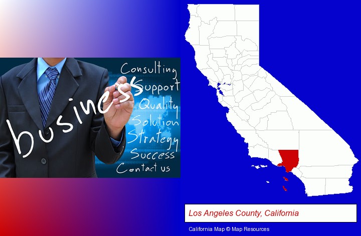 typical business services and concepts; Los Angeles County, California highlighted in red on a map