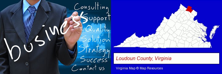 typical business services and concepts; Loudoun County, Virginia highlighted in red on a map