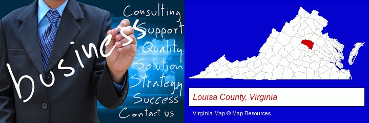 typical business services and concepts; Louisa County, Virginia highlighted in red on a map