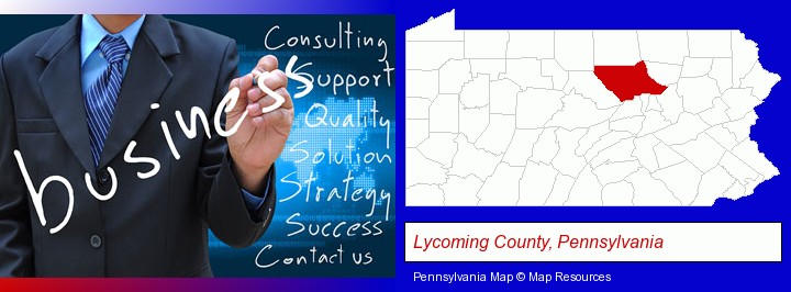 typical business services and concepts; Lycoming County, Pennsylvania highlighted in red on a map