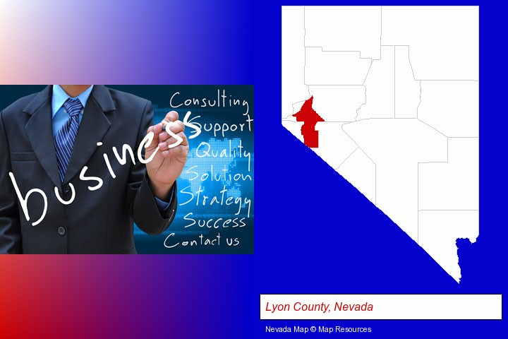 typical business services and concepts; Lyon County, Nevada highlighted in red on a map
