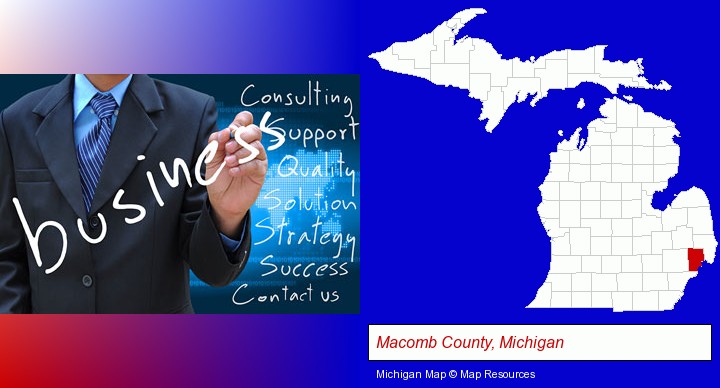 typical business services and concepts; Macomb County, Michigan highlighted in red on a map