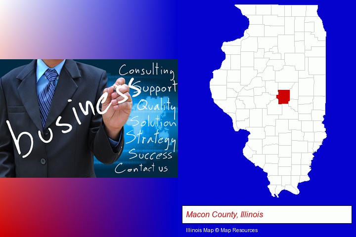 typical business services and concepts; Macon County, Illinois highlighted in red on a map