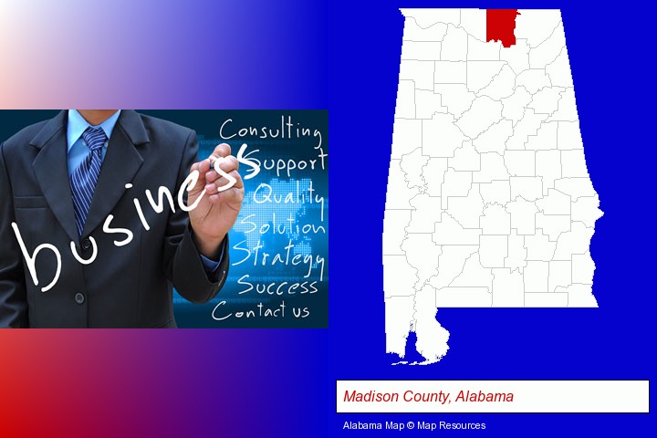 typical business services and concepts; Madison County, Alabama highlighted in red on a map