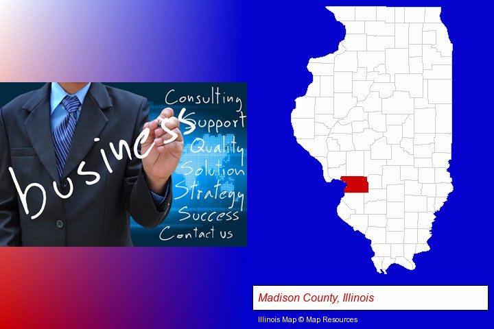 typical business services and concepts; Madison County, Illinois highlighted in red on a map