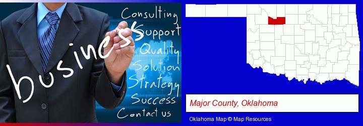 typical business services and concepts; Major County, Oklahoma highlighted in red on a map