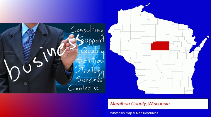 typical business services and concepts; Marathon County, Wisconsin highlighted in red on a map