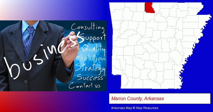 typical business services and concepts; Marion County, Arkansas highlighted in red on a map