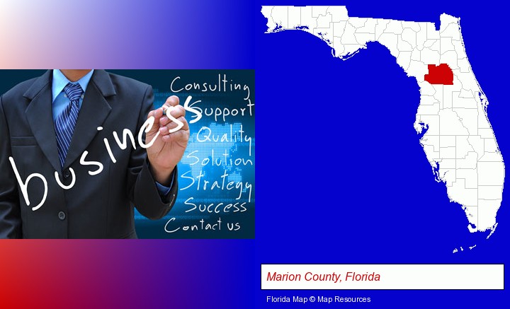 typical business services and concepts; Marion County, Florida highlighted in red on a map