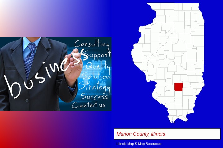 typical business services and concepts; Marion County, Illinois highlighted in red on a map