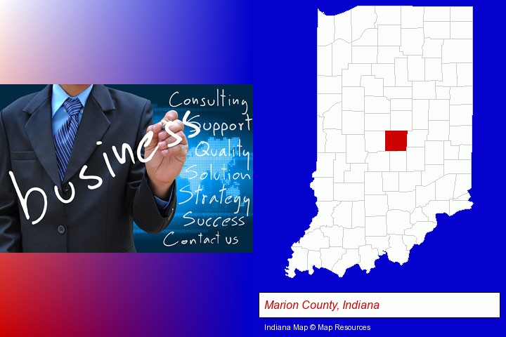 typical business services and concepts; Marion County, Indiana highlighted in red on a map