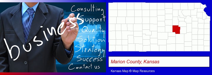 typical business services and concepts; Marion County, Kansas highlighted in red on a map