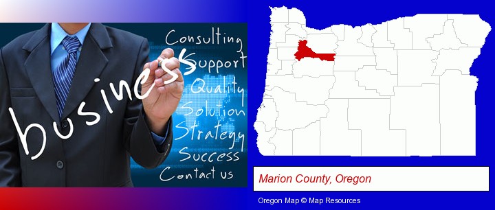 typical business services and concepts; Marion County, Oregon highlighted in red on a map