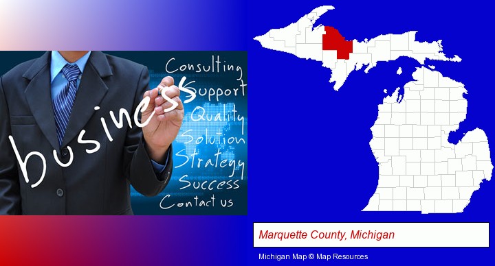 typical business services and concepts; Marquette County, Michigan highlighted in red on a map