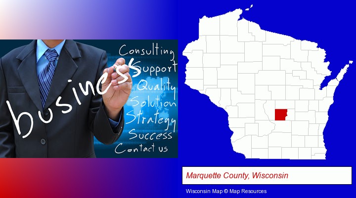 typical business services and concepts; Marquette County, Wisconsin highlighted in red on a map