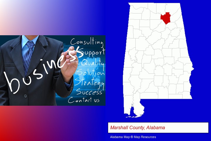typical business services and concepts; Marshall County, Alabama highlighted in red on a map