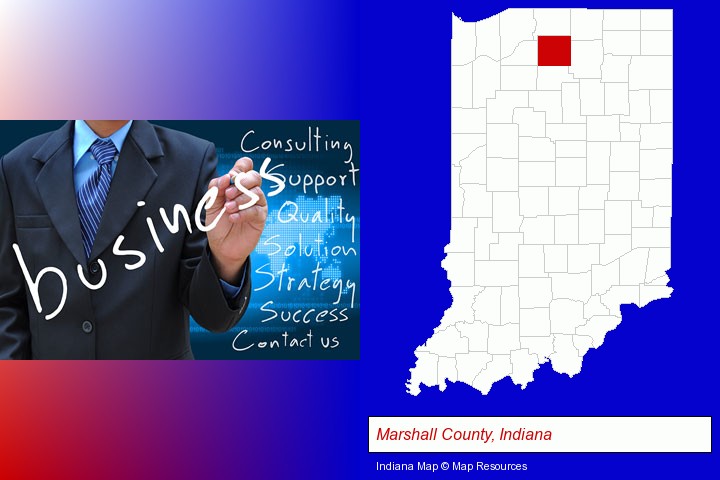 typical business services and concepts; Marshall County, Indiana highlighted in red on a map