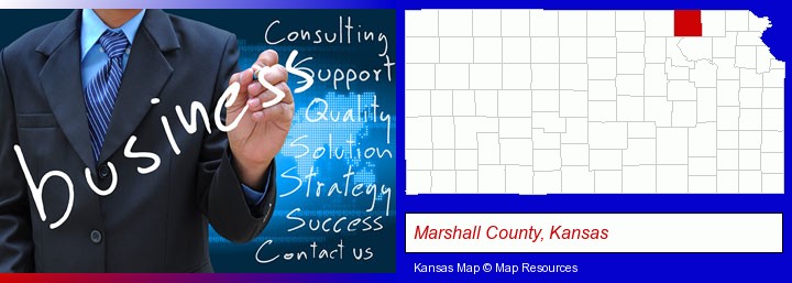 typical business services and concepts; Marshall County, Kansas highlighted in red on a map