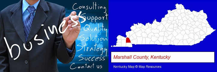 typical business services and concepts; Marshall County, Kentucky highlighted in red on a map