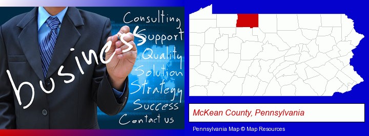typical business services and concepts; McKean County, Pennsylvania highlighted in red on a map