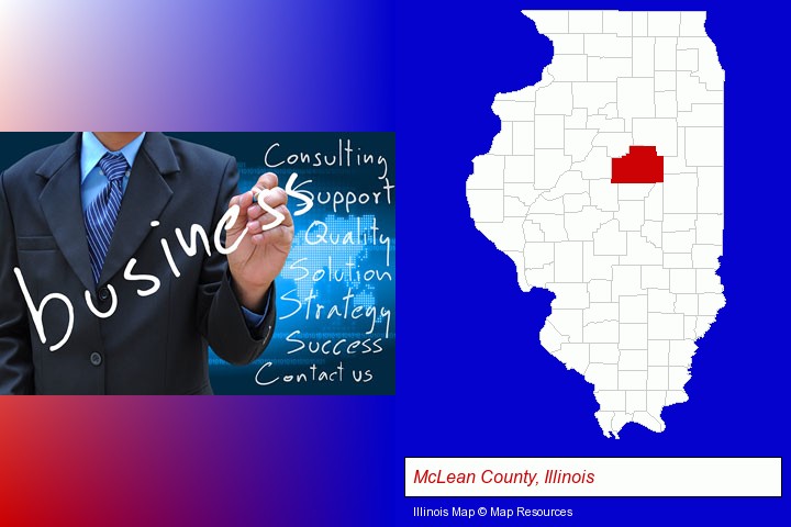 typical business services and concepts; McLean County, Illinois highlighted in red on a map