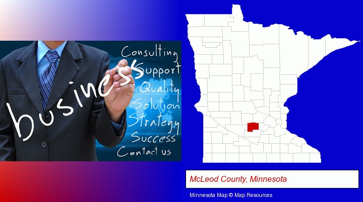 typical business services and concepts; McLeod County, Minnesota highlighted in red on a map