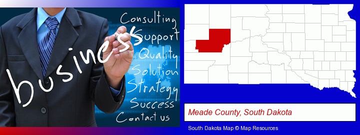 typical business services and concepts; Meade County, South Dakota highlighted in red on a map