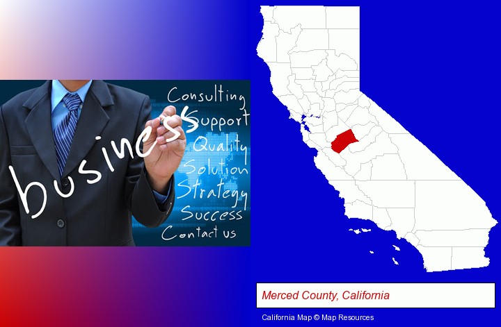 typical business services and concepts; Merced County, California highlighted in red on a map