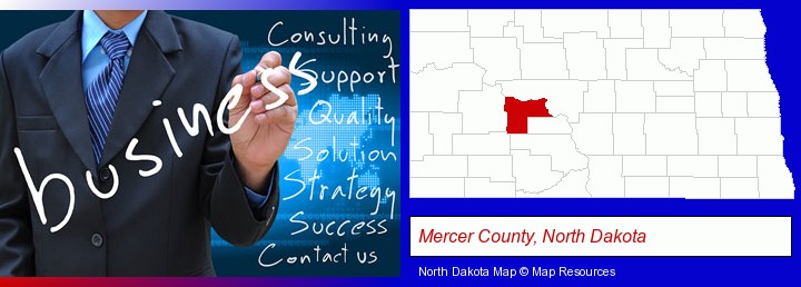 typical business services and concepts; Mercer County, North Dakota highlighted in red on a map