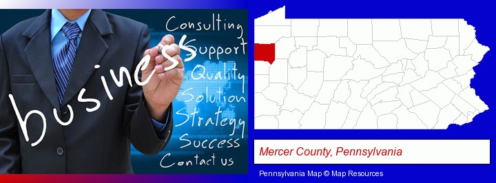 typical business services and concepts; Mercer County, Pennsylvania highlighted in red on a map