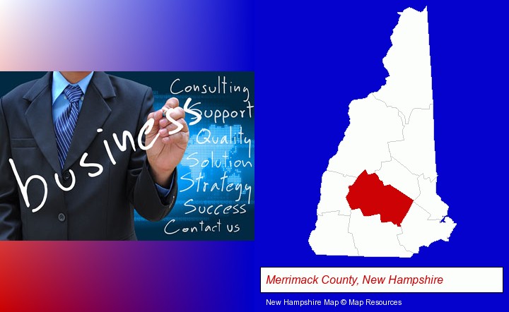 typical business services and concepts; Merrimack County, New Hampshire highlighted in red on a map