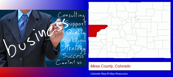 typical business services and concepts; Mesa County, Colorado highlighted in red on a map