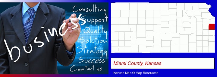 typical business services and concepts; Miami County, Kansas highlighted in red on a map