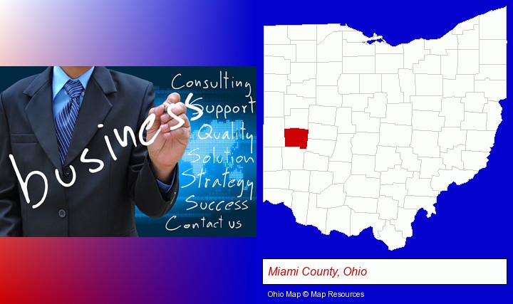 typical business services and concepts; Miami County, Ohio highlighted in red on a map