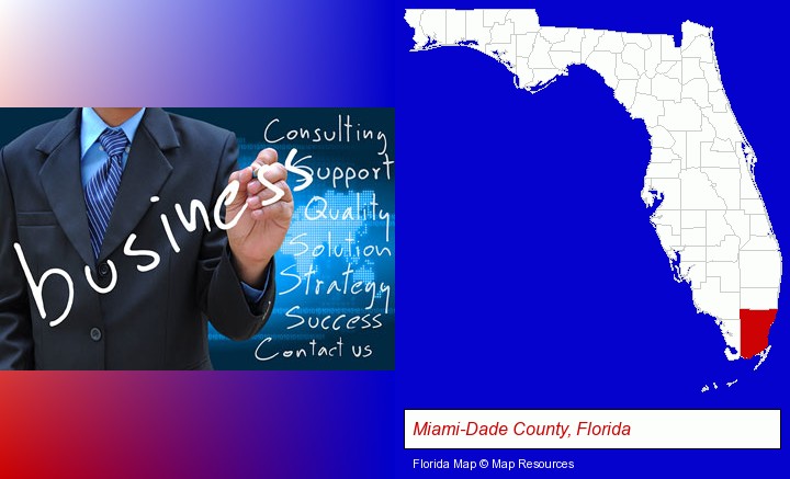 typical business services and concepts; Miami-Dade County, Florida highlighted in red on a map