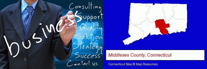 typical business services and concepts; Middlesex County, Connecticut highlighted in red on a map