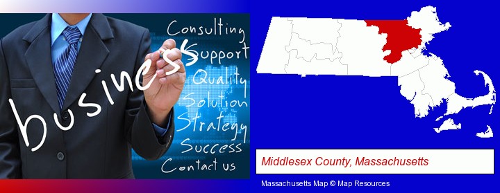 typical business services and concepts; Middlesex County, Massachusetts highlighted in red on a map